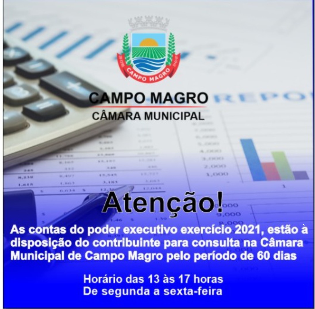 Contas do poder executivo exercício 2021, poderão ser consultadas pelo contribuinte na Câmara Municipal de Campo Magro 