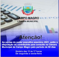 Contas do poder executivo exercício 2021, poderão ser consultadas pelo contribuinte na Câmara Municipal de Campo Magro 